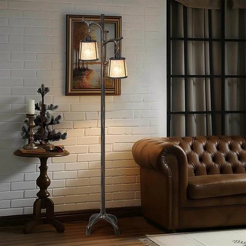 Farmhouse 68 Inch Floor Lamp With Mica Shade Rustic Tree Trunk Design Stepless Dimmable Modern Industrial Standing Lamp For Living Room Bedroom And Office Bulb Included next to a brown sofa