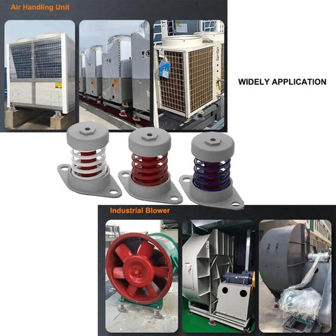 Floor Mount Vibration Isolator For Heavy Machinery With Spring Damping Mounts, shown in various industrial applications.
