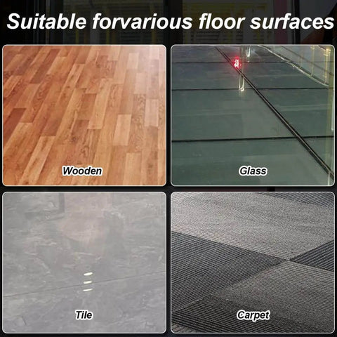 Image showing suitability of the product on wooden, glass, tile, and carpet floor surfaces.
