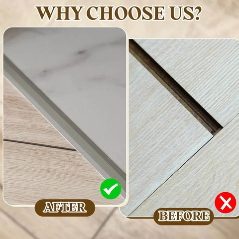 Before and after of floor gap joined using T-Molding Transition Strips, 9.84 ft x 1.97" (L x W) PVC Floor Flat Divider Strip Self Adhesive