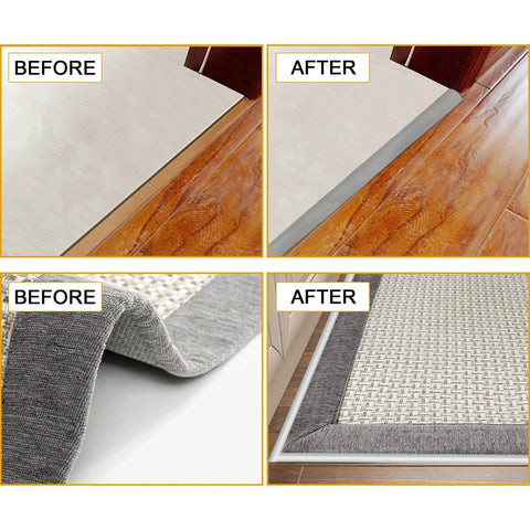 Before and after images using Floor Rubber Transition Strip Self Adhesive Carpet to Tile Transition Strip Edging Trim Strip