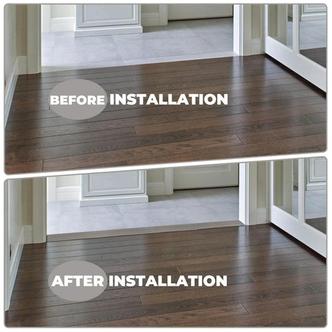 Comparison of floor before and after installation of Floor Transition Strip Door Threshold 36 inch, wood grain gray finish.