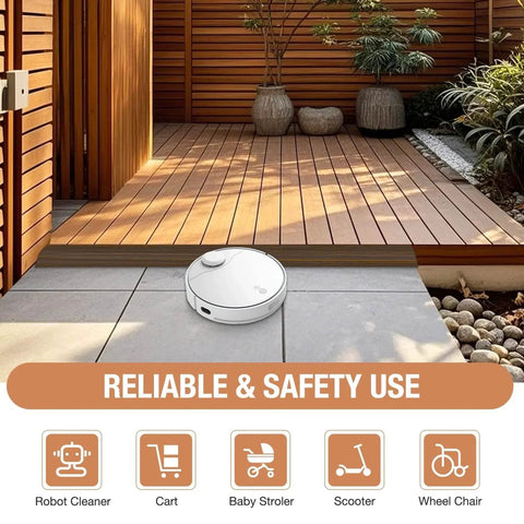 Floor Transition Strip Self Adhesive Vinyl Door Threshold for Doorways Carpet Edging Trim Overlap Edge Reducer for Laminate Floor visible on patio with robot cleaner
