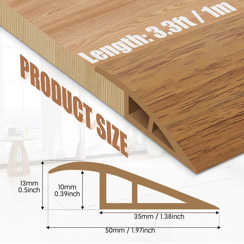 Product dimensions for Floor Transition Strip Door Threshold 39" Floor Transition Reducer Trim, showing cross-section and size in inches.