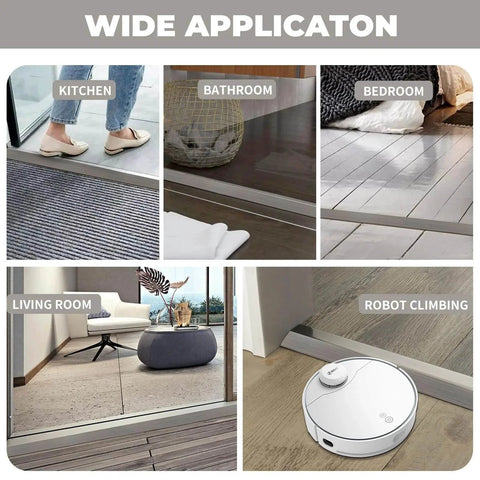 Image showing versatile uses of Floor Transition Strip Door Threshold 36 inch, 1/2'' ~ 3/5'' Threshold Ramps in a home setting.