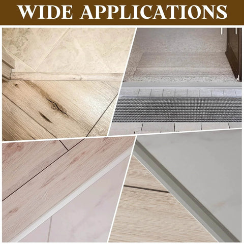 Collage of Walnut T-Molding Transition Strips in various flooring applications
