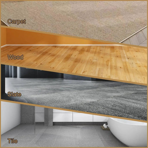 Various flooring types shown: carpet, wood, slate, and tile in home interior.