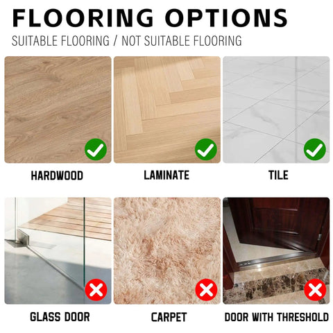 Flooring options for double sided door draft stopper; hardwood, laminate, tile suitable; glass, carpet, threshold not suitable