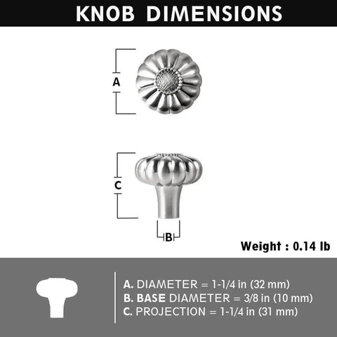 Dimensions diagram for 12 Pack Floral Satin Nickel Cabinet Knobs With Blooming Flower Design For Kitchen And Dresser Drawers.
