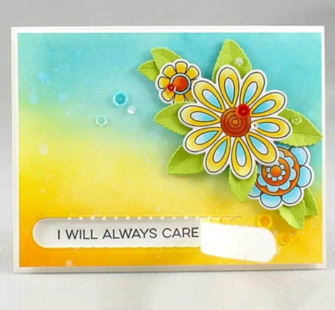 Greeting card with Rip Strips Frame Metal Die Cuts for DIY Scrapbooking, featuring vibrant flowers and message 'I Will Always Care'.