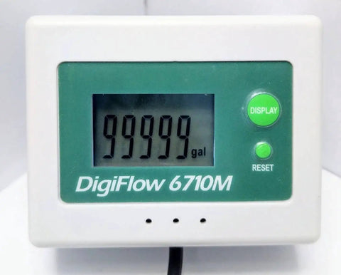 Flow Totalizer And Flow Meter For Three Quarter Inch NPT Water Filter Systems With 99,999 Gallon Total display front view