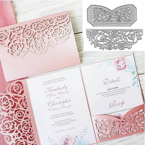 Metal Flower Wedding Invitation Border Die Cuts Set with Cutting Dies and Embossing Stencils Template shown on a pink wedding card