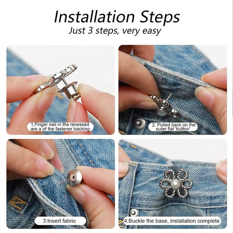 Installation steps for Eight Flower Button Set Waist Tighteners For Jeans And All Clothing, showing attachment on denim.