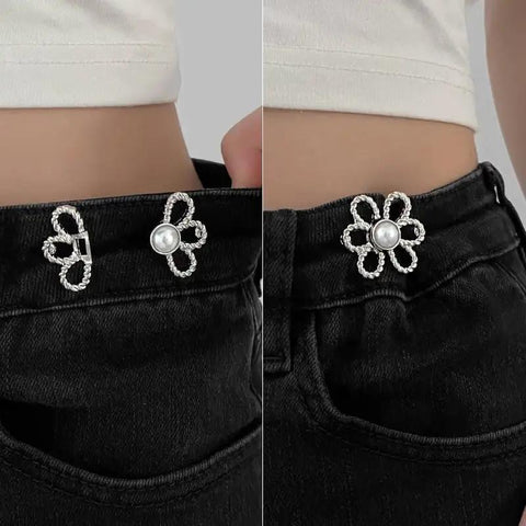 Close-up of Flower Jeans Button Sets Ten Pcs Adjustable Waist Tighteners Buckles installed on black jeans waistband.