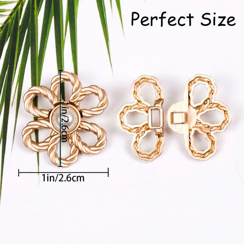 Eight Flower Button Set Waist Tighteners For Jeans And All Clothing in Frosted Gold, no sew, quick install decorative buckles.