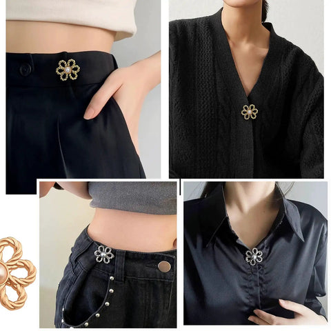 Eight Flower Button Set Waist Tighteners For Jeans And All Clothing in Black Silver Light Gold and Frosted Gold, demonstrated on clothes