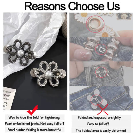 Eight Flower Button Set Waist Tighteners For Jeans And All Clothing, Detachable Decorative Buckles in silver shown installed.