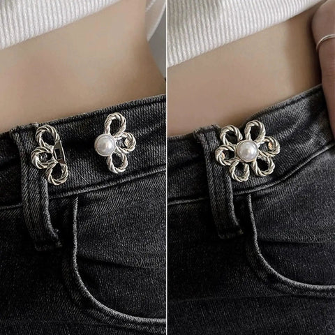 Eight Flower Button Set Waist Tighteners For Jeans And All Clothing, detachable decorative buckles installed on black jeans