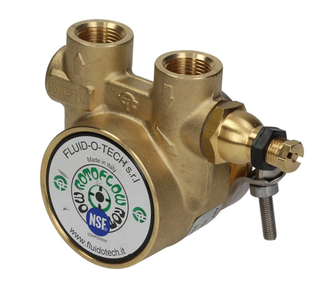 Fluid-O-Tech CB054 Rotary Vane Pump New brass pump with NSF certification visible, front and side view.