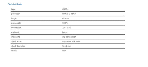 Technical details for Fluid-O-Tech CB054 Rotary Vane Pump New, showing type, pump rate, connection size, material, and application.