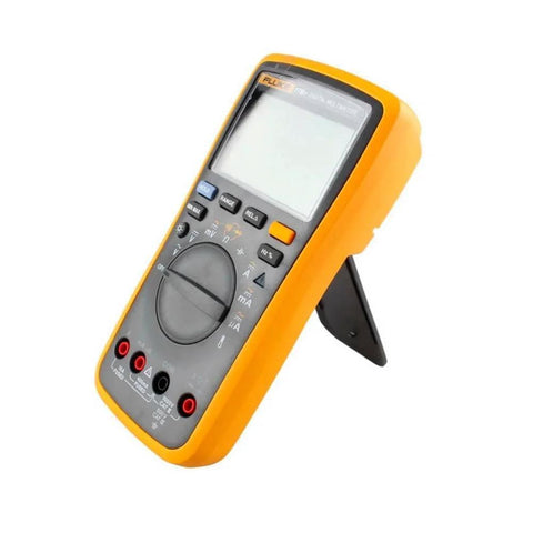 Fluke 17B+ Digital Multimeter, for Electrical Applications, Measures AC/DC Voltage 1000V displayed on stand, front angled view