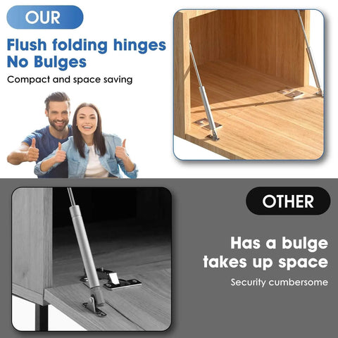 Comparison of flush folding gas spring hinge in cabinet versus traditional hinge with bulge, featuring Drop Down Gas Struts, Gas Spring Hinge with 90 Degree Page Turning Axis