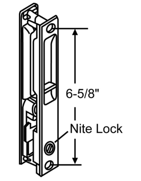 Flush Mount Lock Set For Sliding Glass Doors With Night Lock In White, showing 6-5/8" screw spacing and brass material