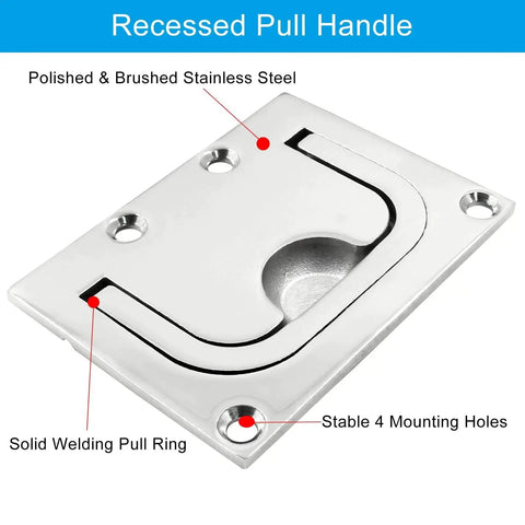 Flush Mount Ring Pull Handle In 316 Stainless Steel For Boat Hatch And Furniture Cabinets Drawer Square Recessed Lift Ring Pull 3 X 2.24 Inches Heavy Duty Rustproof Corrosion Resistant With 4 Mounting Screws