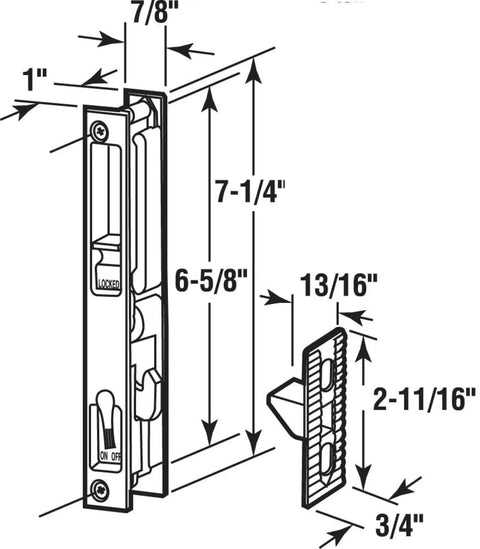 Diagram of Sliding Glass Patio Door Handle Set Flush Mount Non Keyed For Replacement And Repair With Six And Five Eighths Inch Hole Centers