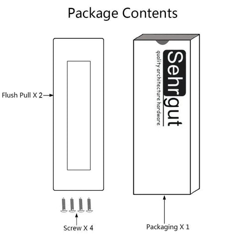 Package contents with Flush Pull Two Pack Six Inch Rectangular Satin Brushed Hand Polished Chamfered Edges, screws, and box.