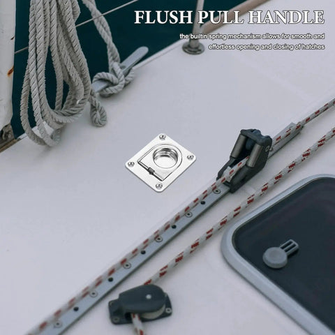 Installed stainless steel flush pull ring handle 65x56mm on boat deck; marine-grade 304 steel with 4 screws