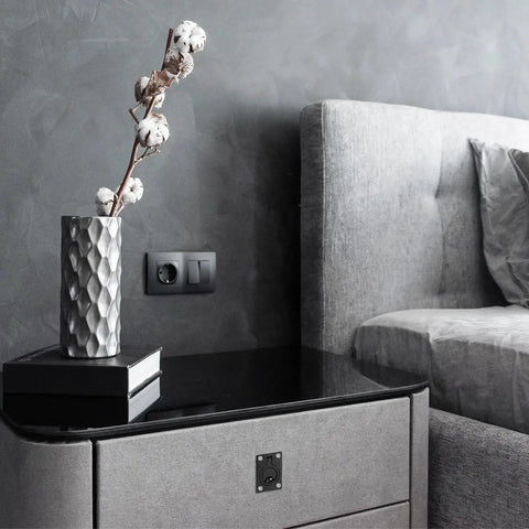 Modern bedroom with bedside table featuring 2 Pack Flush Ring Pulls Stainless Steel Rectangle Recessed Door Pull With Screws Black Finish