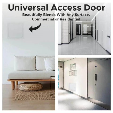 10x10 Flush Steel Access Panel Exposed Flange With 16-Gauge Cold-Rolled Frame in room and hallway settings.
