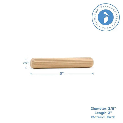 Fluted Wooden Dowel Pin 3 X 3/8 Inch from Pack Of 50 For Woodworking Furniture Making And Craft Projects, shown with dimensions.