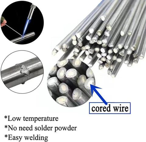 50 Pack Flux Core Aluminum Welding Rods for Low Temperature Brazing, no solder powder needed, showing aluminum sticks and welding process.