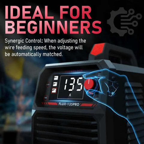 All In One Flux Core MIG Welder Bundle With Auto Darkening Blue Light Blocking Helmet 135 Amp 110V digital display glowing hand