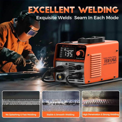 135A Flux Core MIG Welder 110V Gasless Portable 3 In 1 Welding Machine with LED display in use by a welder.