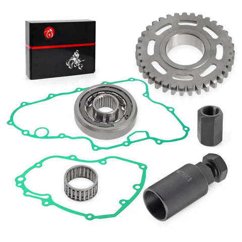 Flywheel Puller And Starter Clutch Gear Kit With One Way Bearing And Gasket Set For TRX450ER Electric Start 2006 2009 2011 2014 Replacement Complete Kit Ready To Roll showing components arranged on a table
