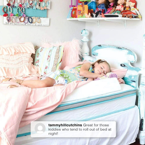 Extra Long Foam Bed Rail Bumper For Toddlers And Kids Expands To 56 Inches For Full Edge Coverage With A Water Resistant Non Slip And Machine Washable Cover Lightweight And Portable Guard Rail For Safe Sleep White installed on a child's bed
