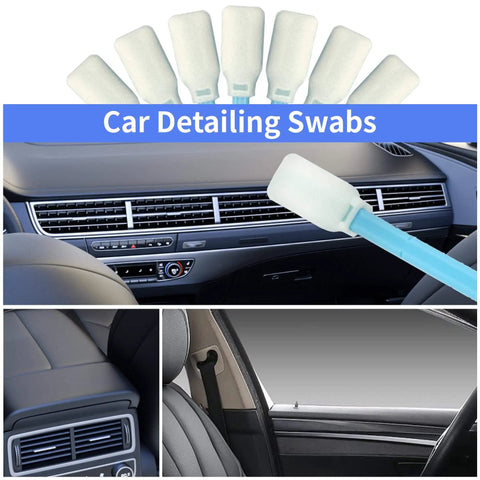 Lint Free 5.9 Inch Foam Cleaning Swabs Pro Grade for car detailing and interior cleaning, pack of 100 shown with vehicle dashboard.