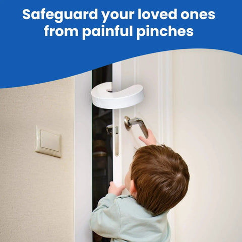 Experience top protection with an extra thick soft foam door pinch guard that cushions door slams, preventing finger injuries for kids and pets; universal fit, durable, safe, eco friendly, pack of six shown on a door with child.