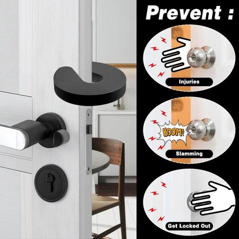 Image showing a black foam Six Pack Baby Door Pinch Guard installed on a door to prevent injuries, slamming, and getting locked out.