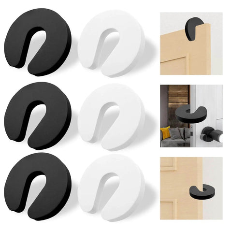 Six Pack Baby Door Pinch Guards for Finger Protection, Slam Prevention, and Kid Safe, black and white foam stoppers installed on wooden door