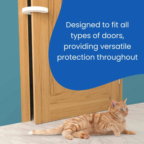 Experience top protection with an extra thick soft foam door pinch guard that cushions door slams, preventing finger injuries for kids and pets; universal fit, durable, safe, eco friendly, pack of six. Visible on a wooden door with a cat lying nearby on a tiled floor.