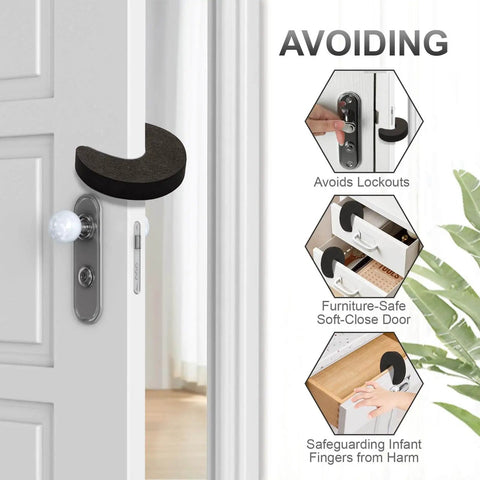 Eight Piece Foam Door Stopper and Pinch Guard Set installed on door to prevent slamming and finger injuries for kidproof and pet safety.