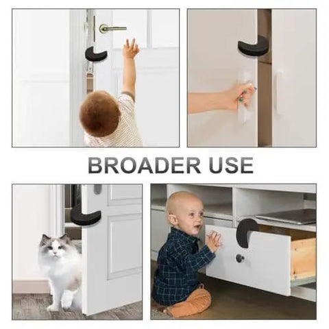 Eight Piece Foam Door Stopper And Pinch Guard Set For Kidproof And Pet Safety Easy Install Baby Proofing Door Protectors Stops Slamming And Finger Injuries Keeps Doors From Pinching Little Fingers Durable Home Use installed on different doors and in use by a baby and a cat.
