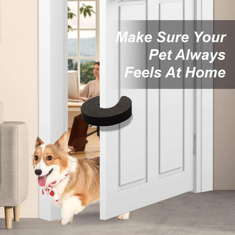 Eight Piece Foam Door Stopper And Pinch Guard Set For Kidproof And Pet Safety Easy Install on a door with a dog passing through