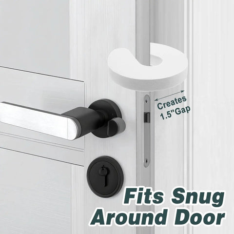 Six Pack Soft Foam Door Stoppers with Finger Guard Protectors installed on a door, showing white anti slam pad creating a gap.