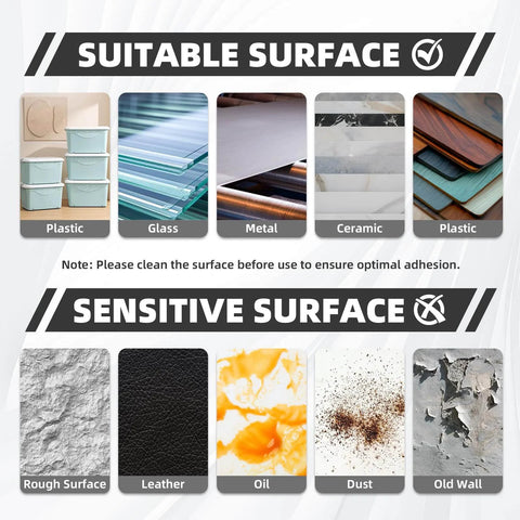 Image showing suitable and sensitive surfaces for Double Sided Foam Adhesive Dots 1 Inch 50 Pieces 1600T PE Foam Tape.
