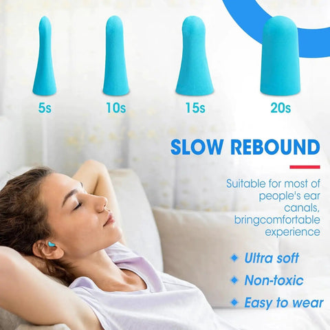 Woman lying on couch wearing lake blue ear plugs, foam ear plugs in slow rebound stages, 100 Pairs Foam Ear Plugs Bulk NRR 32dB Lake Blue Soft Comfortable Disposable Noise Reduction For Sleep, Travel, Concerts, Shooting, Swimming And Loud Environments Ideal Hearing Protection.